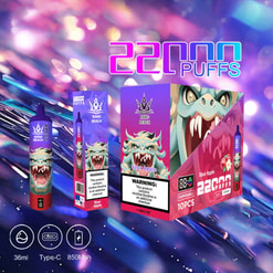 Product Display Of Bang Beach Disposable Vape In Sour Apple Flavor, Featuring A Dragon-Themed Design, With Packaging Highlighting 22,000 Puffs And Nicotine Warning Label, Against A Vibrant Abstract Background.