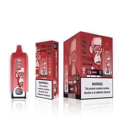 Ein Set mit Einweg-Vape-Verpackungen von Bang King im roten Design mit einem Comic-Affen mit Brille und Krone, der 15.000 Züge und Warnhinweise zum Nikotin hervorhebt.