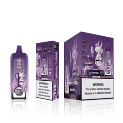 A Display Of A Purple Bang King Vaping Device And Its Packaging, Featuring Gorilla-Themed Artwork And Health Warnings About Nicotine Addiction.