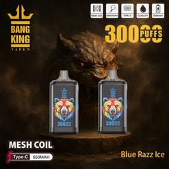 Advertisement For Bang King Vapen Featuring Two Vape Devices With Vibrant Bear Illustrations, Highlighting 30000 Puffs, Mesh Coil, Type-C Charging, 650Mah Capacity, And Blue Razz Ice Flavor, Set Against A Dark Backdrop Featuring A Menacing Creature.