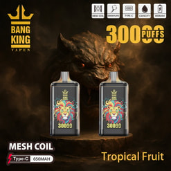 Promotional Image Displaying Two Bang King Vapen Devices With Vibrant Lion Designs, Offering 30000 Puffs With Tropical Fruit Flavor, Set Against A Dark, Dramatic Background Featuring A Menacing Creature.
