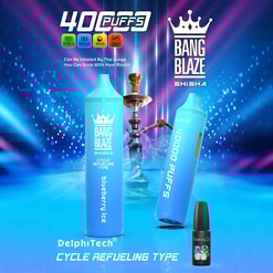 Promotional image showcasing Bang Blaze Shisha devices featuring Blueberry Ice flavor, a hookah in the background, and product specifications such as 40,000 puffs and cycle refueling type.