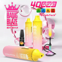 Promotionele afbeelding toont Bang Blaze Electronic Shisha -apparaten en accessoires in levendige kleuren, gelabeld
