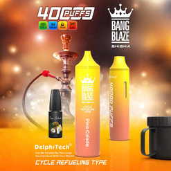 Promotionele afbeelding met twee gele shisha -apparaten met het label 'Bang Blaze Pina Colada' met extra productpictogrammen en een oranje accent -achtergrond.