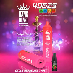 Een promotionele afbeelding met het laze-scheenblaze-vapenapparaat met details met details, waaronder 40.000 kiezels, 40 ml e-vloeistofcapaciteit, 1000 mAh batterij en 0,6 mesh-spoel, ingesteld tegen een kleurrijke achtergrond met damp en een waterpijpsilhouet.