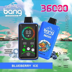Promotional Image Of A Bang Disposable Vape For Blueberry Ice Flavor, Featuring A Digital Display Device, Specifications Including 3600 Puffs, 1.0 Ω Dual Mesh, Fingerprint Pressure Regulation, 36 Ml E-Liquid Capacity, An 850 Mah Battery, And Type-C Charging, Set Against A Vibrant Scenic Background.