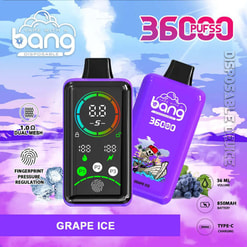 Promotional Image Showcasing A Purple Disposable 36000-Puff Vape Titled 'Bang Disposable' In 'Grape Ice' Flavor, Featuring A Digital Display, Fingerprint Pressure Regulation, And Type-C Charging Capability, Surrounded By A Vapor-Themed Background With Ice Cubes And Grapes.