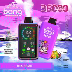 ミックスフルーツ風味の「Bang 36000 Power Puffs」電子ベイプのプロモーション画像。デジタルインジケーター画面と、鮮やかな紫色の配色によるカラフルなトロピカルテーマのデバイスデザインが紹介されています。