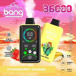 Promotional Image Of A Bang Disposable Vape Device In The Strawberry Banana Flavor, Featuring Details About The Product Like 3600 Puffs, 1.0Ω Dual Mesh, 850Mah Battery, 36 Ml Volume, And A Unique Fingerprint Pressure Regulation Feature, Set Against A Vibrant Tropical Background.