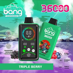 Promotional Image Showcasing The Bang Disposable Vape With Triple Berry Flavor, Featuring A Green Device, 3600 Puff Capacity, Digital Control Panel, And Specifications Like 850Mah Battery And Type-C Charging.