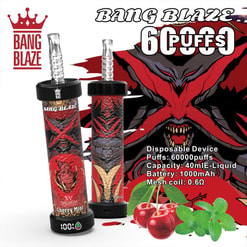 Promotional Image For The Bang Blaze Disposable Vape Device Featuring A Red And Black Themed Design Labeled 'Cherry Mint' With Specifications Including 60,000 Puffs, 40Ml E-Liquid, 1000Mah Battery, And 0.6Ω Mesh Coil. Decorative Elements Include Cherries And Mint Leaves.