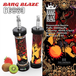 Image Showing Two Bang Blaze Disposable Vaping Devices With Artistic Designs And Details Such As 60000 Puffs, 40Ml E-Liquid Capacity, 1000Mah Battery, And 0.6Ω Mesh Coil. Flavor Is Strawberry Kiwi, Depicted Alongside Fresh Strawberries And Kiwis.