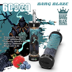 Promotional Image For The Bang Blaze Disposable Vape Device, Featuring Its Mixed Berries Flavor, Capacity Of 60000 Puffs, A 1000Mah Battery, And A 0.6Ω Mesh Coil, Depicted With Artistic Packaging And Berry Illustrations.