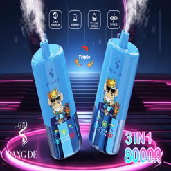 Promotional image of Bang De electronic cigarettes featuring a blue device with '3 in 1' flavor capability, 650mAh battery, and 80000 puffs claim, displayed with vibrant artwork and neon effects.