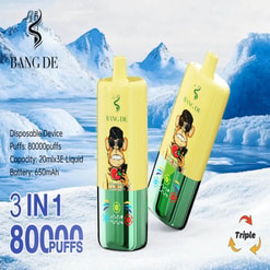 Promotional Image For The Bang De Disposable Vape Device Featuring A Cartoon-Style Monkey Design, Specifications Of 80,000 Puffs, 20Ml X3 E-Liquid Capacity, And A 650Mah Battery, Set Against A Snowy Mountainous Background.