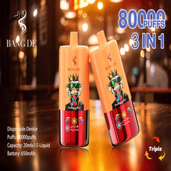 Promotional Image For Bang De Disposable Vape Device, Showcasing Two Devices With A Vibrant Monkey Graphic And Listing Specifications: 80,000 Puffs, 20Ml X3 E-Liquid Capacity, And 650Mah Battery. Set In A Lit Interior Background.