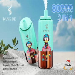 A Promotional Image Featuring Two Bang De Disposable Vaping Devices With A Mint Green Top And Metallic Bottom, Displaying A Cartoon Bird Character Design. Specifications Include 80,000 Puffs, 20 Ml × 3 E-Liquid Capacity, 650 Mah Battery, And “3-In-1” Flavor Functionality.