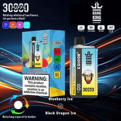 Promotional Display Showcasing Bang King Color Disposable Vape With Rotating Flavors Including Blueberry Ice And Strawberry Banana, Warning Notice About Nicotine's Addictive Properties Included.