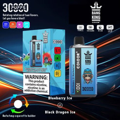 Promotional Image For The Bang King 3,000-Puff E-Cigarette, Featuring A Dual-Flavor Rotation System Advertised As Blueberry Ice And Black Dragon Ice, With A Colorful Design And Nicotine Warning Label.