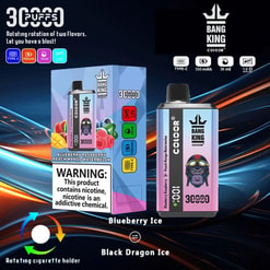 Promotional Image For The Bang King Color Vaping Device Featuring 3000 Puffs, Dual Flavors (Blueberry Ice And Black Dragon Ice), With Detailed Specifications Such As Type-C Charging, 550Mah Battery, And 36Ml Capacity, Against A Dynamic Background.