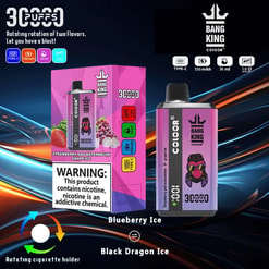 Promotional Image Featuring A Bang King Vape Device And Packaging In Pink, Highlighting Its Dual Flavors, 3,000 Puffs, And Nicotine Warning, With A Rotating Flavor Design Illustrated Below.