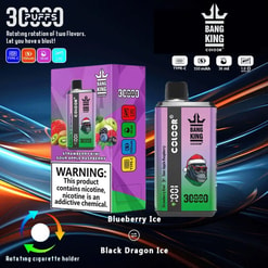 Promotional Image For 'Bang King Color' Vape Showcasing Its Dual-Flavor Rotation System, Highlighting 'Strawberry Kiwi Sour Apple Raspberry' With A Colorful Package Design, Product Specifications, And A Nicotine Warning Label.