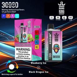 Promotional Image Showcasing The Bang King Color 3000 Puffs Vaping Device With Multiple Flavor Options Including Strawberry Watermelon Kiwi Passion Fruit Guava, Set Against A Dynamic Background And Highlighting Recharge Specifications And A Warning About Nicotine Addiction.