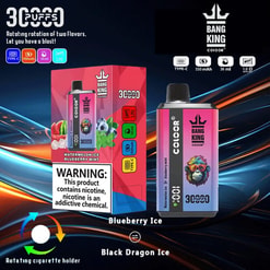 A Bang King Color Vaping Product Display Featuring A Dual-Flavor Rotation In Watermelon Ice And Blueberry Mint, Highlighting 3000 Puffs Capability And A Warning About Nicotine Content.