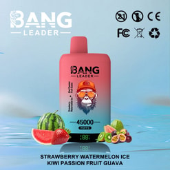 Immagine promozionale di un dispositivo di svapo Red Bang Leader con capacità di 45.000 tiri, circondato da illustrazioni di frutta, tra cui anguria, fragola, kiwi, frutto della passione e guava, con le certificazioni del prodotto visualizzate nell'angolo in alto a destra.