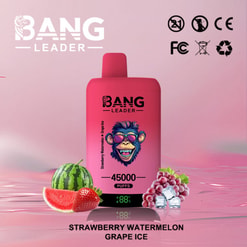 Immagine promozionale di un dispositivo di svapo Bang Leader di colore rosso-rosa con illustrazioni di fragola, anguria e uva; etichetta con "Fragola, anguria, uva e ghiaccio" ed elementi del marchio, tra cui icone di certificazione.