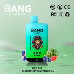 Un'immagine promozionale per Bang Leader Vape che mostra il prodotto in confezione turchese da 45.000 tiri, accompagnato da una lattina di Red Bull, mirtilli e una fetta di anguria su uno sfondo verde.