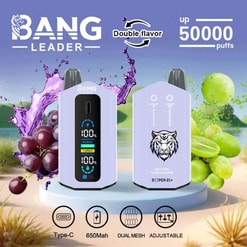 Twee vape-apparaten met het label 'Bang Leader', met een tijgerontwerp en elektronisch display, geadverteerd met dubbele smaken, tot 50.000 suffels en type-C opladen in een druiven- en meloenachtergrond.