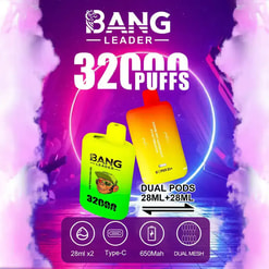 Bang Leader 32000 In Vibrant Fruit Flavors Displayed Against A Colorful Gradient Backdrop With A Pineapple And Mixed Fruits In The Background.