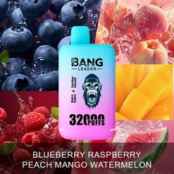 Pubblicità che presenta un dispositivo per lo svapo multicolore con il marchio "Bang Leader", circondato da immagini di mirtilli, pesche, mango, lamponi e anguria, etichettato con vari gusti di frutta e con una capacità di 32.000 tiri.