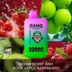 Prodotto da svapare dai colori vivaci con immagini di fragola, kiwi, mela aspra e lampone, con testo che evidenzia i dettagli del sapore e della boccata.