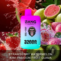 Una pubblicità vivace per Bang Leader Vape con un design sfumato dal rosa al blu, accompagnato da frutta fresca che simboleggia i suoi sapori, tra cui fragola, anguria, kiwi, frutto della passione e guava.