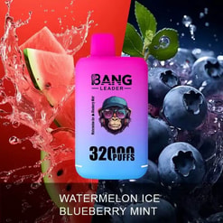 Immagine del prodotto di un dispositivo per lo svapo colorato con l'etichetta "Bang Leader 32.000 tiri", su uno sfondo con fette di anguria, mirtilli e foglie di menta verde, accompagnato dai gusti "Watermelon Ice" e dalla scritta "Blueberry Mint".