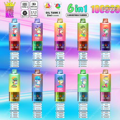 En uppsättning färgglada vape-enheter med seriefigurer, märkta "6 i 1" och med 6 justerbara smaker inklusive alternativ som Vattenmelon, Jordgubb, Persika och Hallonlemonad på en tonad blå och rosa bakgrund, med reklamtext som framhäver funktioner som Typ-C-laddning och 850 mAh batteri.