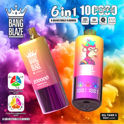 Promotional Image For Bang Blaze Vape Devices, Featuring Two Colorful Vape Pens With 6 Adjustable Flavors, A Display Of 100,000 Puffs, Type-C Charging, 850Mah Battery, And An Led Screen; Vibrant Background With Swirling Colors And A Cartoon Character On One Device.