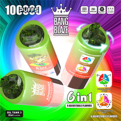 Multi-Colored Vape Device Packaging Labeled Bang Blaze, Featuring Six Adjustable Flavors And 10,000 Puffs With Icons Indicating Features Like A 850Mah Battery And Usb Type-C Compatibility.