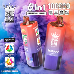 Promotional Image Featuring Two Vibrant Bang Blaze 6-In-1 Vape Devices With 10,000 Puffs, Adjustable Flavors, And An 850Mah Battery, Set Against A Colorful Smoke Background.