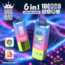 Two Bang Blaze Vape Devices Are Displayed In A Digital-Themed Background, Featuring 6-In-1 Flavor Options, 10,000 Puffs, Type-C Charging, And An Led Screen, With Graphics Showing Flavor Combination Modes And A Cartoon Character Image.