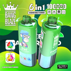 Colorful Advertisement For Bang Blaze Highlighting Its 6-In-1 Adjustable Flavors And 10,000 Puffs Capacity, Featuring Vibrant E-Cigarette Designs With A Cartoon Monkey Illustration And Various Flavor Modes Illustrated At The Bottom.