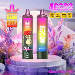Two Bang King 40000 Puffs Dispositifs jetables avec un thème coloré de baies mixtes aux côtés de plantes vibrantes dans un fond surréaliste.