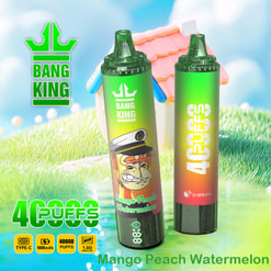 Deux appareils de vape jetables Bang King colorés sur l'herbe avec des détails de marque, avec la saveur 