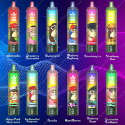 A promotional image displaying a collection of 12 Bang King vape devices, each depicting unique themed artwork and labeled with flavors such as Strawberry Watermelon, Kiwi Passion Fruit Pomegranate, and Blueberry Grape, presented against a colorful, wavy gradient background.