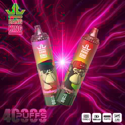 Two Bang King disposable vape devices with vibrant packaging featuring cartoon gorilla characters, 'Strawberry Ice' and 'Watermelon,' highlighted on a pink and purple glowing background with 40,000 puffs noted.