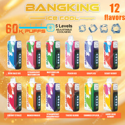 Promotional image for BAN KING Ice Cool vapes, showcasing devices in various colors and flavors, offering 60,000 puffs, adjustable coolness levels, and a selection of 12 different flavors.