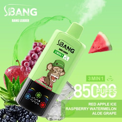Bang Leader 3min1のプロモーションイメージは、緑の背景、Red Apple Ice、Raspberry Watermelon、Aloe Grapeなどのフレーバーオプションを特徴としています。