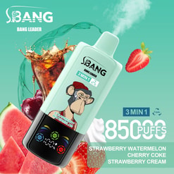 Bang Leader Vaping Deviceのプロモーション画像。類人猿とテキストのイラストを備えたミント色のvapeペンを特徴とし、イチゴスイカ、チェリーコークス、ストロベリークリームなどのフレーバーを強調し、関連するフルーツイメージと850パフ容量ラベルを備えたティールバックドロップにあります。